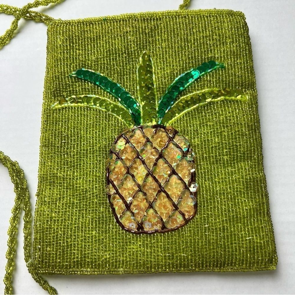 Beaded Pineapple Crossbody Bag Lime Green Sequin Tropical Small